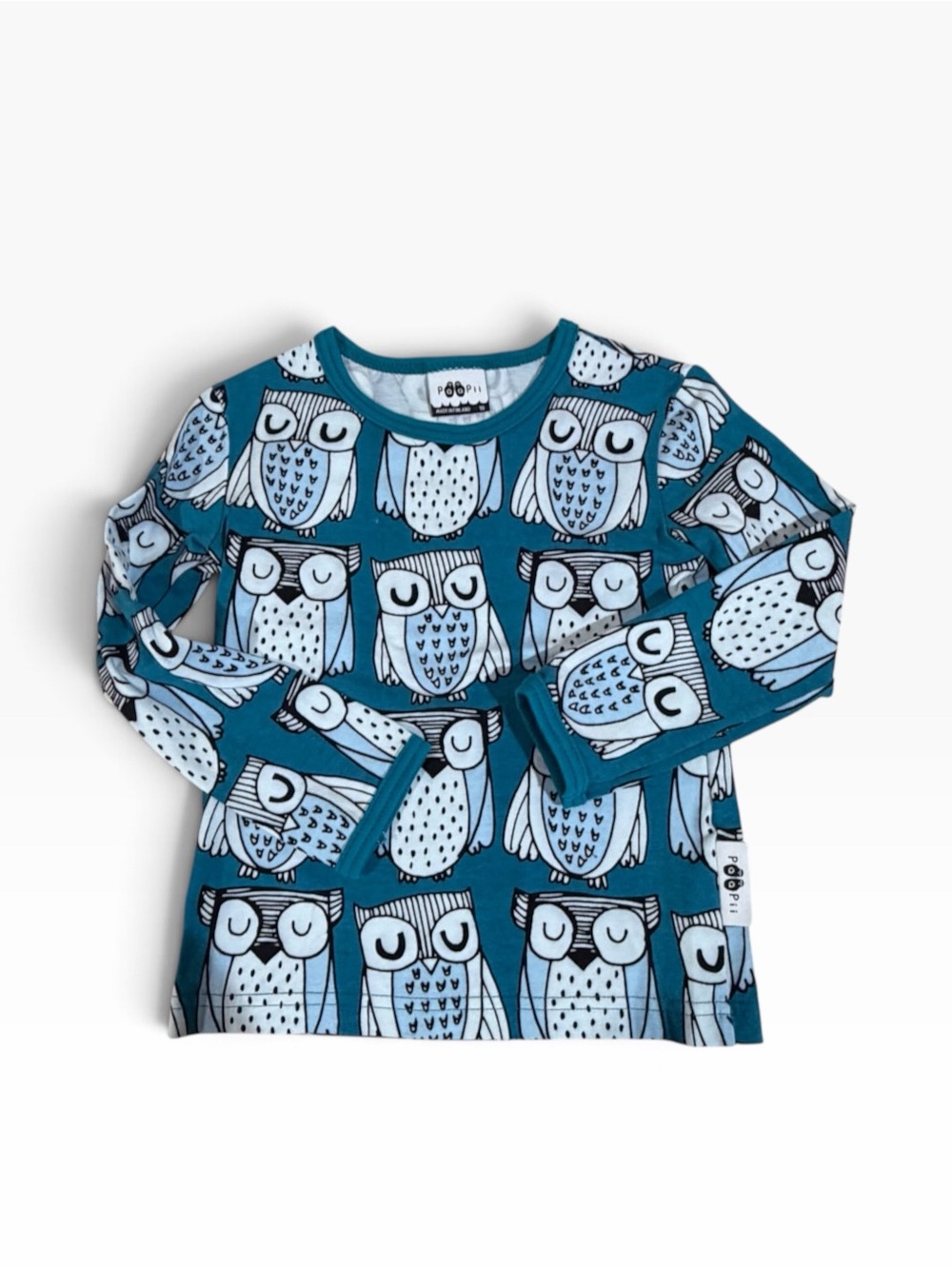 NWOT PaaPii Design Uljas Long-Sleeve Shirt Owls Teal Size 98 Size 3T